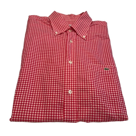 Lacoste Men’s  Button Down Shirt Red/white Check Short Sleeves Logo Sz 42 Large - Picture 1 of 11